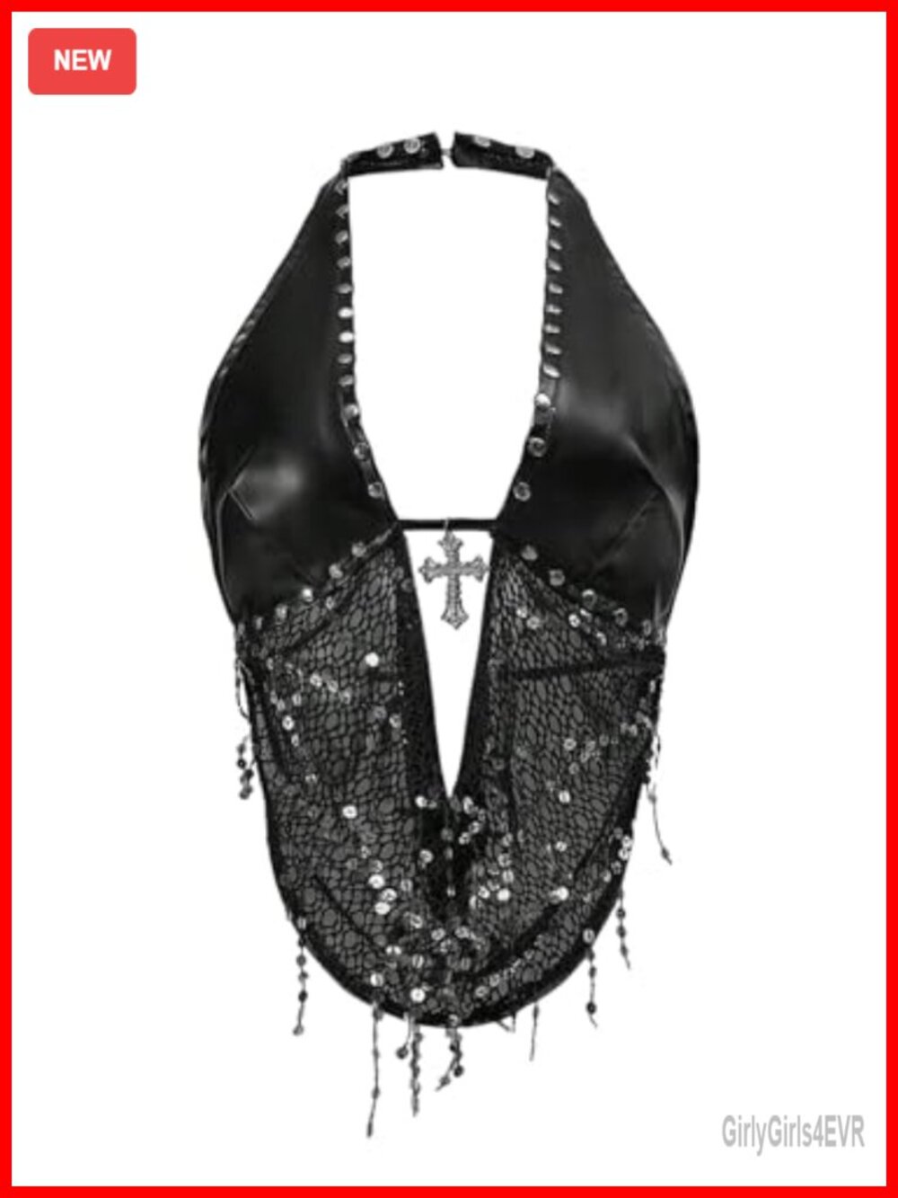 SOLY HUX Women's Y2k Rave PU Leather Sparkly Halter Crop Top